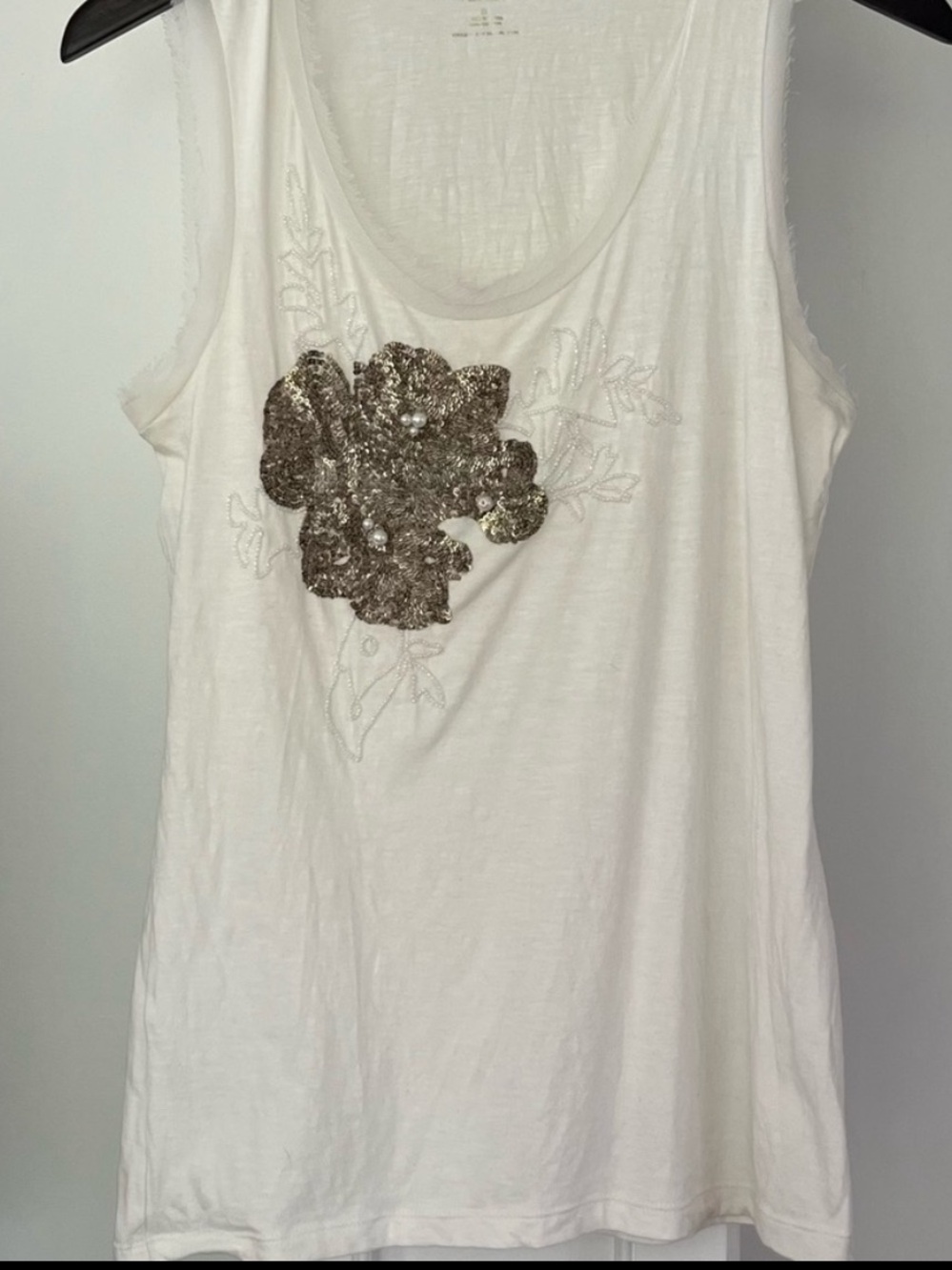 Ann Taylor White Tank Top with Gold Sequin Floral Applique